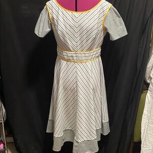 EUC London style collection, white gray stripe yellow trim short sleeve dress 12